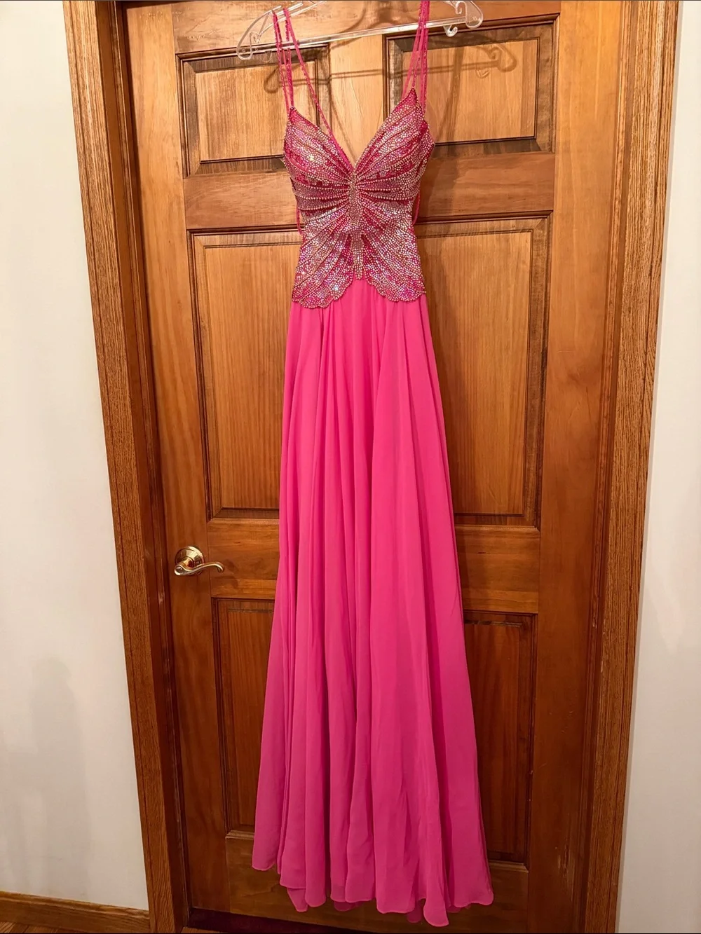 Jovani Hot Pink Beaded Spaghetti-Strap Pageant Prom Gown - Picture 3 of 7